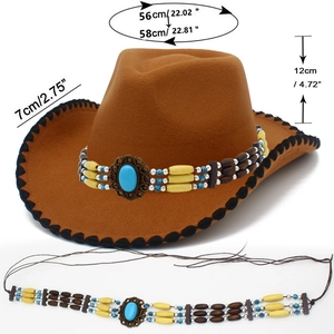 Detail of brown cowboy hat with ethnic beaded band and turquoise stone accenting