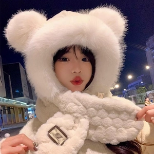 Detail of white bear ear plush hat and scarf combo with metallic logo and soft faux fur