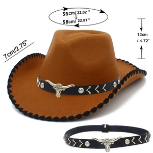 Detail of western cowboy hat featuring silver bull head ornament and leather band trim