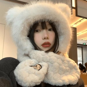 Winter plush bear ear hooded scarf set for women in soft cream faux fur material