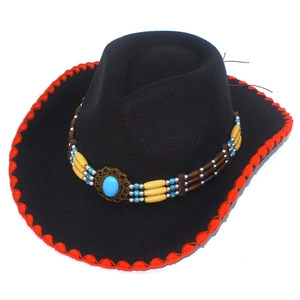 Detail of black felt cowboy hat with red wavy edge stitching and bohemian beaded band
