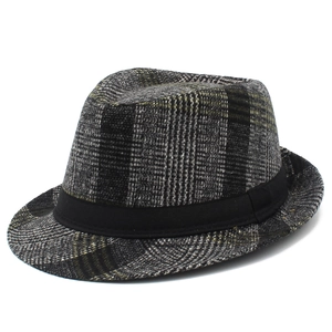 Classic British grey plaid fedora hat for men with a black ribbon band and wool texture
