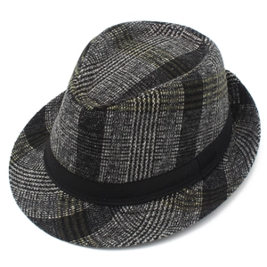 Detailed view of the gray plaid fedora hat with a wide black grosgrain ribbon band