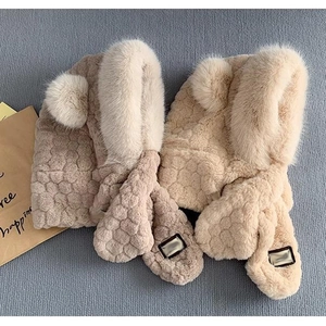 Detailed close-up of plush bear ear hat scarf set with honeycomb texture and pockets