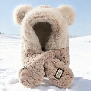 Women Winter Bear Ear Plush Hooded Scarf Integrated Hat Thickened Windproof Warm Ear Protection Cap For Outdoor Cycling