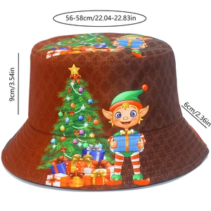 Tabla de tallas del sombrero de pescador navideño con dimensiones y patrones de elfos