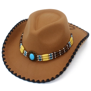 Close-up of ethnic beaded band and synthetic turquoise on a brown felt cowboy hat