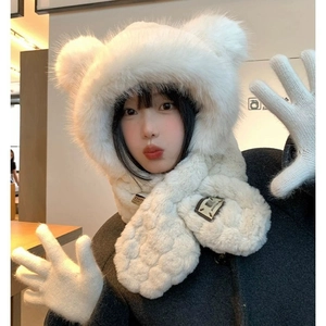 Cute white plush bear ear hooded scarf set with integrated gloves for winter warmth