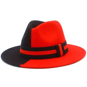 Klassischer zweifarbiger Fedora-Hut in Rot und Schwarz mit flacher Krempe für Damen und Herren
