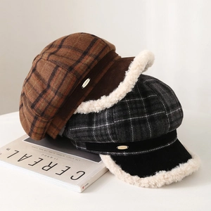 Vintage plaid newsboy hats with warm faux shearling lining and metal brand plate detail