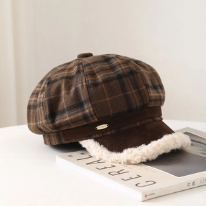 Vintage brown plaid newsboy cap with warm white faux shearling trim and metal accent