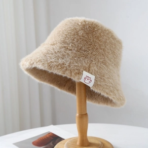 Women Winter Faux Fur Bucket Hat Soft Plush Warm Fisherman Hat Solid Color Fashion Thick Outdoor Lady Water Bucket Cap