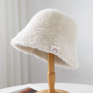 Chic cream white plush bucket hat for women with cute puppy patch on soft fleece fabric