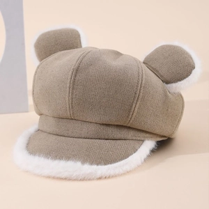 Women Cute Cat Ears Plush Newsboy Cap Autumn Winter Warm Cotton Octagonal Hat Faux Fur Trim Painter Hat Pumpkin Hat