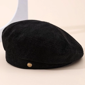 Elegant black herringbone newsboy cap with gold L'AMOUR button detail for women