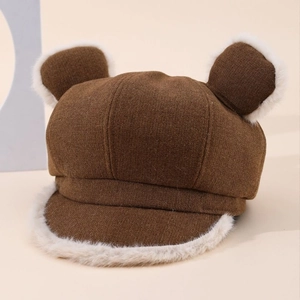 Cute brown plush beret with bear ears and white faux fur trim for winter warmth