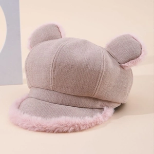 Chic beige newsboy hat with cat ears and pink faux fur trim for autumn and winter