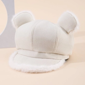 Cute cream octagonal plush hat with fuzzy cat ears for winter warmth and comfort
