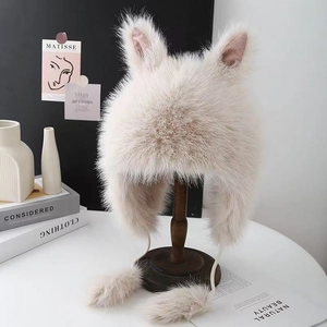 Cute Rabbit Ears Plush Hat For Women Soft Faux Fur Earflap Cap Warm Winter Autumn Korean Style Pom Pom Outdoor Headwear