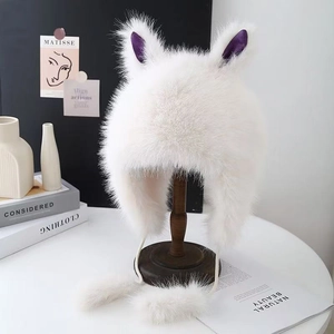 White faux fur trapper hat with cute bunny ears and purple satin details for winter