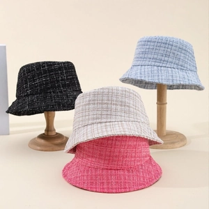 Classic plaid tweed bucket hats for women in black, blue, beige, and rose pink