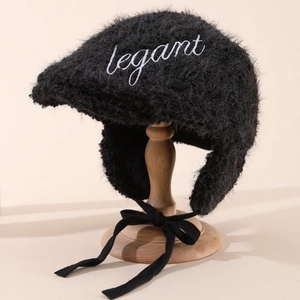 Women Vintage Plush Earflap Beret Hat Winter Warm Windproof Painter Hat With Letter Embroidery And Bow Tie Design