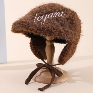 Vintage brown plush ivy cap with ear flaps and elegant embroidery for women