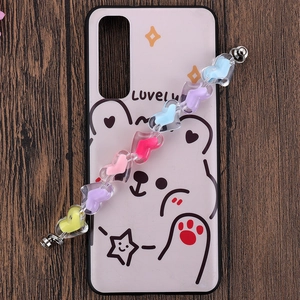 Pink phone case with cartoon bear and colorful acrylic heart-shaped beaded wrist strap