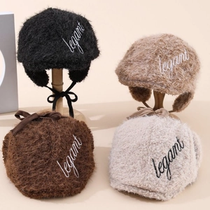 Retro plush earflap beret hats in black, camel, brown and white with legant embroidery