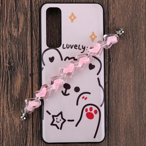 Pink cartoon bear phone case with transparent resin heart chain on a wood surface