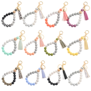Silicone Beaded Keychain Wristlet With Tassel Hexagon Wood Bead Anti-Lost Key Ring Bracelet For Women Bags Accessories