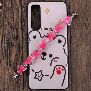 White cartoon bear phone case with pink heart bead chain handle and lovely text