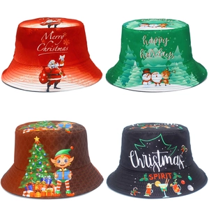 Sombrero de Pescador Navideño Festivo Mezcla de Algodón Impresión Digital Papá Noel Árbol de Navidad Patrón de Duende Fiesta Sombrilla