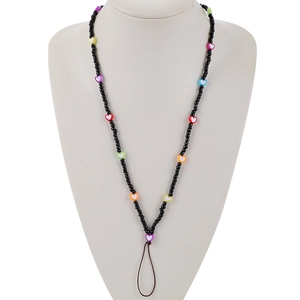 Handmade woven phone charm strap featuring black beads and colorful multi-color hearts