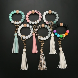 Silicone Bead Keychain Bracelet With Leather Tassel Evil Eye Wooden Hexagon Bead Wristlet Key Ring For Women Jewelry