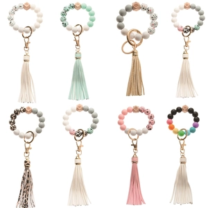 Wristlet keychain set with silicone beads, leopard prints, wood beads and long tassels
