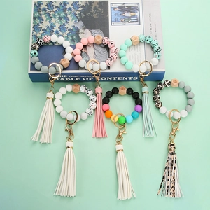 PU leather tassel bead bracelets with leopard silicone beads and wooden hexagon charms