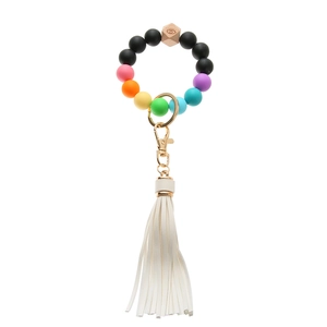 Rainbow silicone bead keychain bracelet with leopard wood bead and white leather tassel