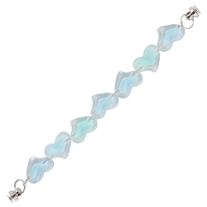 Close-up of heart-shaped jelly beads in light blue with transparent coating and metal clasp