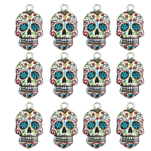 Set of 12 colorful Day of the Dead sugar skull pendants for DIY jewelry making