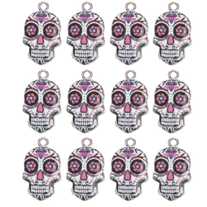 Set of 12 colorful alloy skull charms for DIY jewelry making with floral painted details