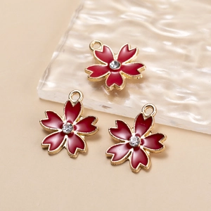 Three red enamel cherry blossom pendants with rhinestones for DIY jewelry making