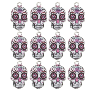 Detailed set of 12 colorful sugar skull alloy pendants with floral eye and diamond patterns