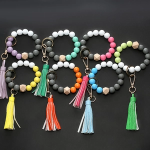Wood Bead Silicone Bead Bracelet Keychain With PU Leather Tassel Metal Buckle Anti-Loss Wristlet Key Ring For Women