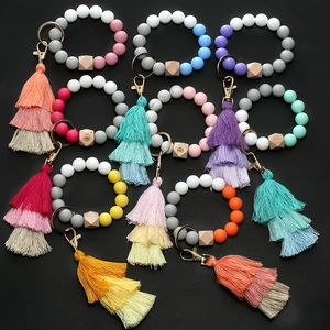 Women Silicone Beaded Keychain Wristlet With Three Layer Tassel Natural Wooden Bead Key Ring Bangle For Keys Accessories