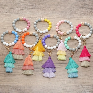 Silicone bead keychain bracelets with triple-layer tassels in various gradient colors