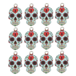 Detailed close-up of colorful skull alloy pendants with red heart design and metal hanging rings