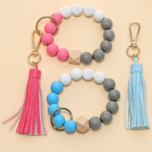 Fashionable wood bead and leather tassel keychain bracelet with silicone bead ring