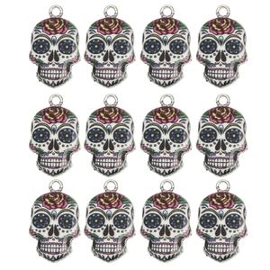Detail of twelve colorful sugar skull alloy charms for DIY necklaces and bracelets