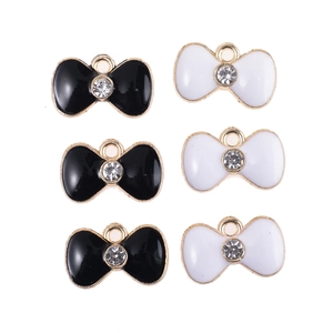 6pcs black and white bow alloy pendants with rhinestones and gold-plated rings for jewelry DIY